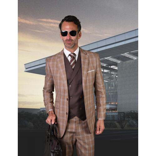Statement "Fino" Dark Camel / Chocolate / Blue Plaid Super 150's Wool Vested Modern Fit Suit
