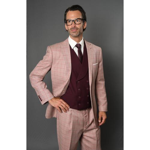 Statement "Beverly" Salmon / Wine / Beige Windowpane Super 150's Wool Vested Classic Fit Suit