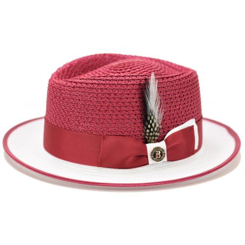 Bruno Capelo Burgundy / White Diamond Crown Braided Fedora Straw Hat HA-725