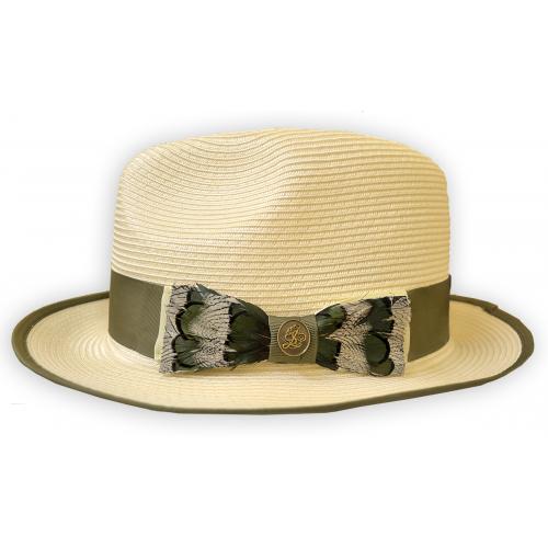 Steven Land Cream / Olive Green Feather Bow Banded Fedora Straw Hat SLCN-525