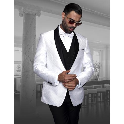 Statement "Bellagio-5" White / Black / Silver Super 150's Vested Modern Fit Tuxedo / Bow Tie