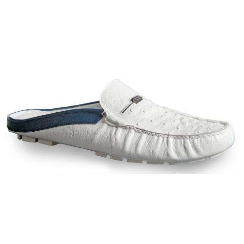 Mauri "3460" White / Wonder Blue Genuine Ostrich Half Shoes.