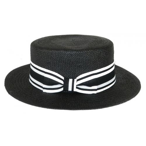 Bruno Capelo Black Straw Boater Hat With Black / White Band BC-630