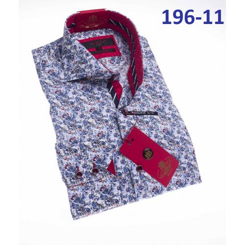 Axxess Blue / Red Flowery Design Cotton Modern Fit Dress Shirt With Button Cuff 196-11.