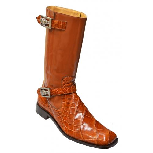 Mauri "Uptown" 44224 Cognac Genuine Alligator / Brushed Off Calf Boots With Alligator Head Buckle