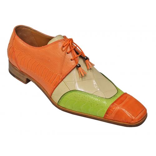 Mauri "Pioneer" 4300 Orange / Green / Beige Genuine Alligator / Ostrich Leg Shoes.