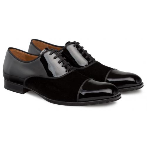 Mezlan "Pio" Black Genuine Patent Leather / Velvet Lace Up Cap Toe Shoes 9265.