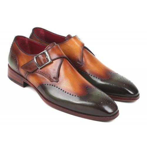 Paul Parkman "944-GRN-CML" Green / Camel Genuine Leather Monkstraps Shoes.