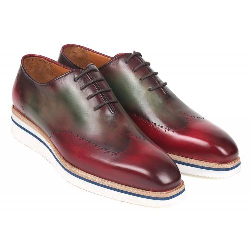 Paul Parkman "187-BRD-GRN" Bordeaux / Green Genuine Calfskin Casual Wingtip Oxfords Shoes .