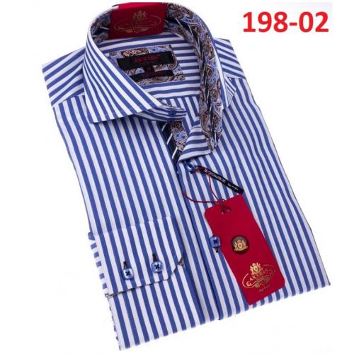 Axxess Blue / White Cotton Stripes Modern Fit Dress Shirt With Button Cuff 198-02.