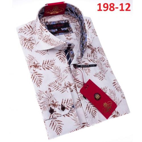 Axxess White / Brown Cotton Pine Leaves Design Modern Fit Dress Shirt With Button Cuff 198-12.