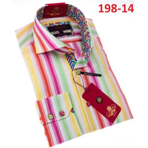 Axxess White/ Yellow / Orange / Pink / Green  Cotton Stripes Design Modern Fit Dress Shirt With Button Cuff 198-14.