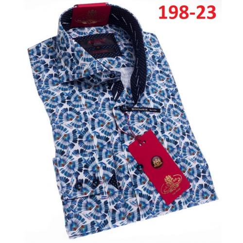 Axxess White / Blue Flowery Design Cotton Modern Fit Dress Shirt With Button Cuff 198-23.