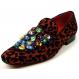 Fiesso Red Black Genuine Leather Leopard Print Ornamented Slip On Shoes FI7422.