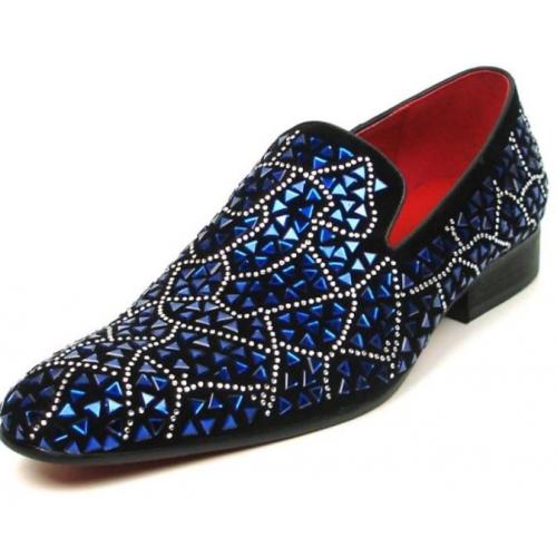 Fiesso Black Genuine Suede Blue Stoned Slip On Shoes FI7415.