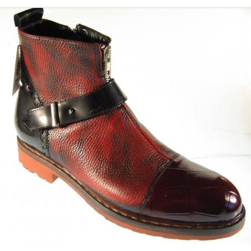 Mauri Wine / Red/ Black Genuine Body Alligator Pebble Grain calf Boots.