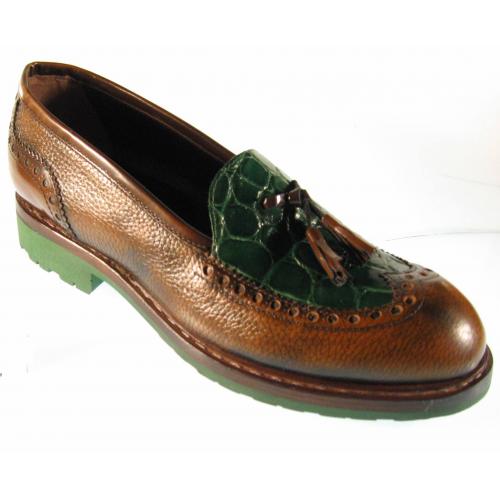 Mauri Green / Brown Genuine Alligator / Pebble Calf Loafers Shoes.