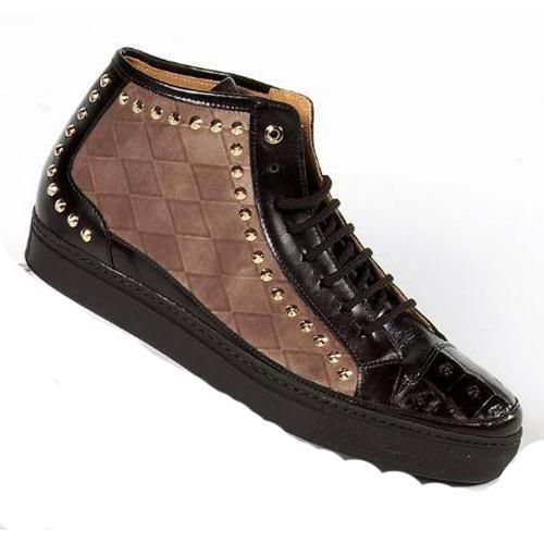 Mauri Brown / Black Genuine Alligator Metal Studded Sneakers.