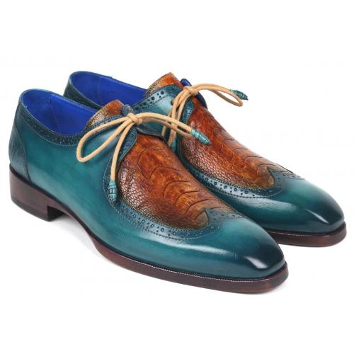 Paul Parkman "788GY74" Blue / Brown  Genuine Ostrich Leg / Calfskin Wing Tip Shoes.