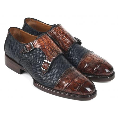 Paul Parkman "629LX78" Navy / Brown  Genuine Crocodile / Iguana Double Monkstraps Shoes.