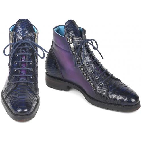 Paul Parkman "543JK65" Navy / Purple Genuine  Python / Calfskin Side Zipper Boots.