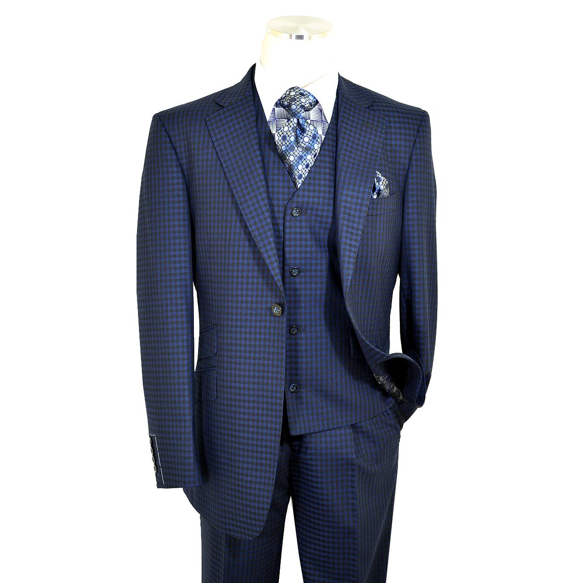 Luciano Carreli Black / Blue Plaid Super 150's Wool Classic Fit Vested ...