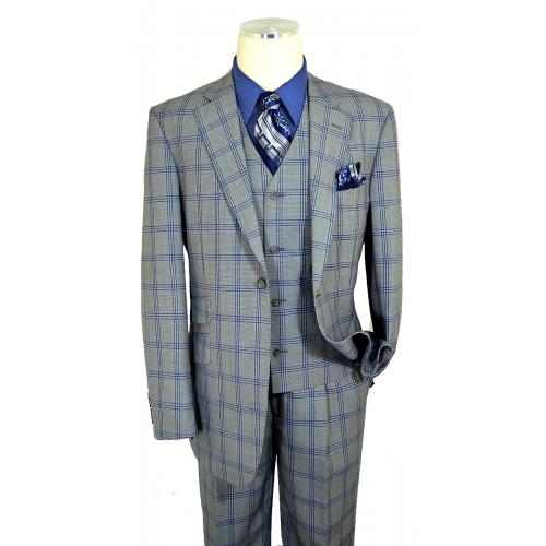 Luciano Carreli Silver / Navy / Royal Blue Super 150's Wool Classic Fit Vested Suit 6298-2090