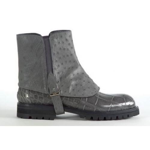 Mauri Medium Grey Genuine Quill Ostrich / Alligator With Quill Ostrich Strap Boots.