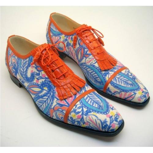 Mauri Orange / Blue / White Genuine Alligator / Silk Fabric / Calfskin Leather Hand Painted Paisley Design Shoes With Fringes.