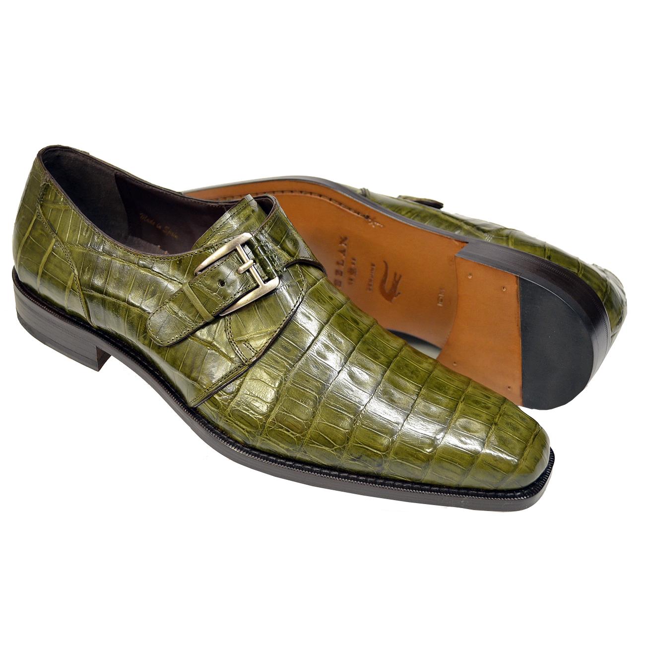Mezlan Dallas Olive Genuine Crocodile Monk Strap Shoes 14436-F For Sale