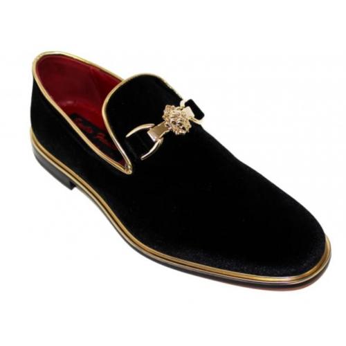 Emilio Franco "EF286" Black / Gold Genuine Velvet Loafer Shoes.