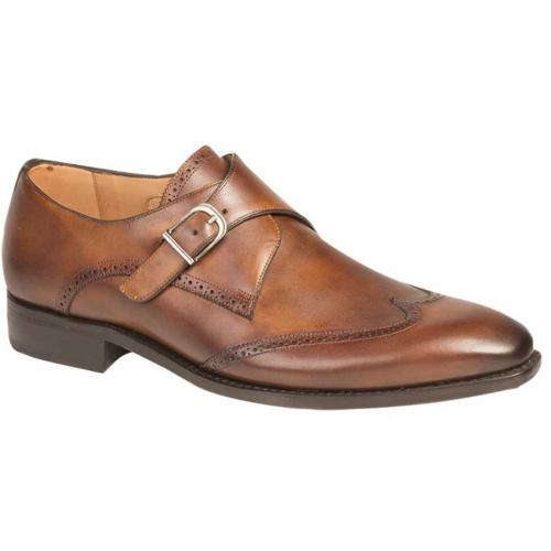 Mezlan "G121" Cognac Genuine Calfskin Wing Tip Monk Strap Shoes.
