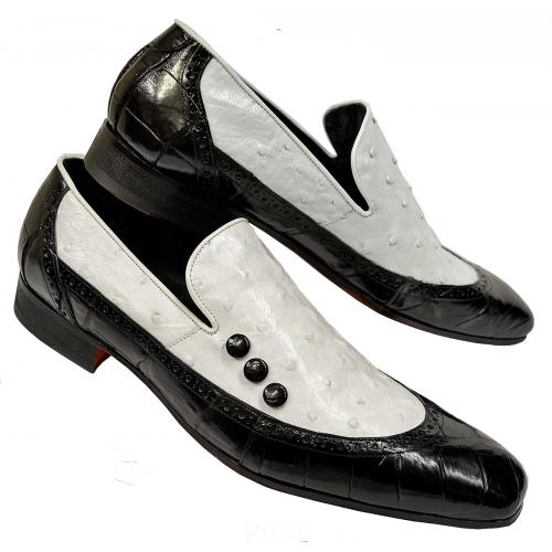 Mauri 4875 Black / White Genuine Alligator / Ostrich Spat-Style Loafer Shoes