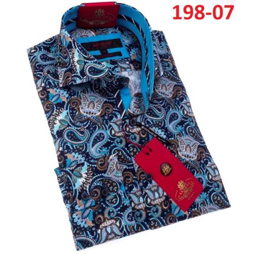 Axxess Blue / Black / Brown Cotton Paisley Design Modern Fit Dress Shirt With Button Cuff 198-07.
