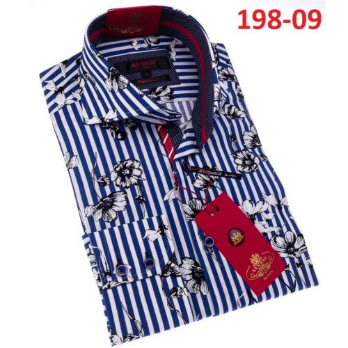 Axxess White / Blue / Black Cotton Flowery Stripes Design Modern Fit Dress Shirt With Button Cuff 198-09.