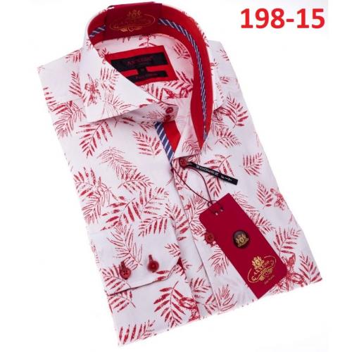 Axxess White / Red Cotton Pine Leaves Design Modern Fit Dress Shirt With Button Cuff 198-15.