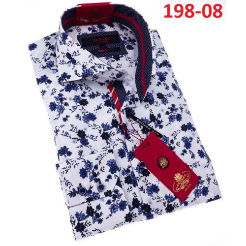 Axxess White / Blue Cotton Flowery Design Modern Fit Dress Shirt With Button Cuff 198-08.