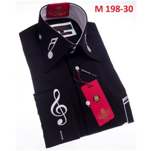 Axxess Black / White Music Note Embroidery Cotton Modern Fit Dress Shirt With French Cuff 198-30.