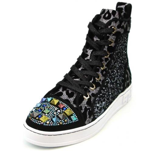 Fiesso Black Genuine Leather High Top Sneaker Shoes FI2364-2.