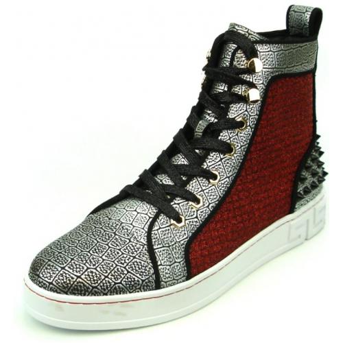 Fiesso Silver / Red Genuine Leather High Top Sneaker Shoes FI2362-2.