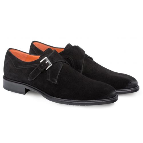 Mezlan "Praga'' Black Genuine Suede Plain Toe Monk Strap Shoes 9127.