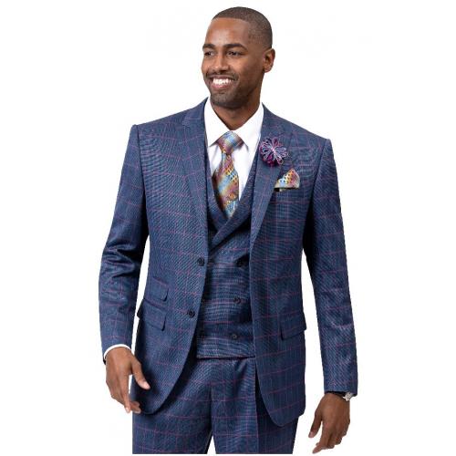 E. J. Samuel Blue / Pink Plaid Classic Fit Vested Suit M2735.