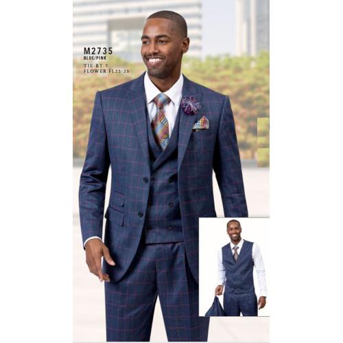 E. J. Samuel Blue / Pink Plaid Classic Fit Vested Suit M2735.