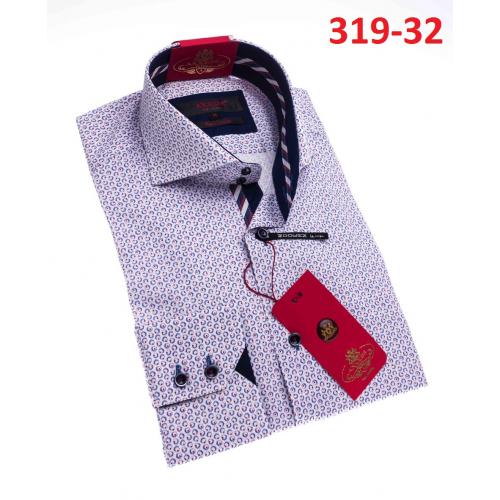 Axxess White / Blue / Burgundy Artistic Design Cotton Modern Fit Dress Shirt With Button Cuff 319-32.