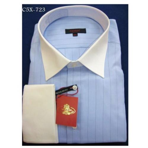 Axxess Sky Blue / White / Black Stripes Cotton Modern Fit Dress Shirt With French Cuff C5X-723.