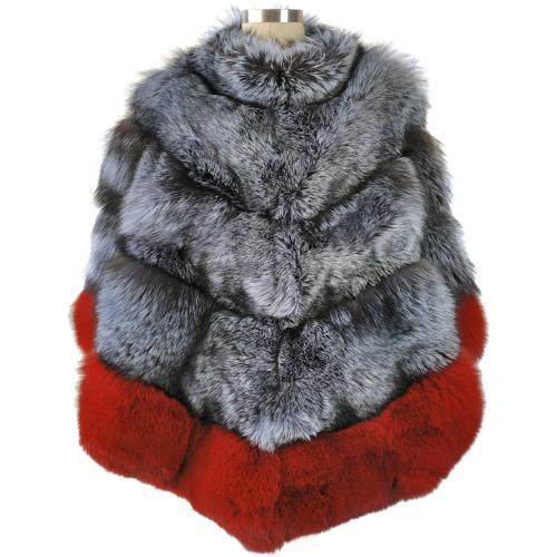 Winter Fur Ladies Silver / Red Genuine Fox Poncho W53C01SFR.