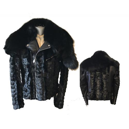Winter Fur Black Genuine Diamond Mink Motorcycle Jacket with Removable Fox Collar M49S01BKB.