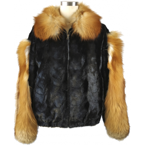 Winter Fur Black / Red Genuine Mink Section Bomber Jacket With Fox Collar and Sleeves M69R01BKRF.