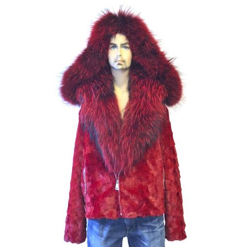 Winter Fur Red Genuine Diamond Mink Motorcycle Jacket With Fox Collar And Hood M49S02RD.