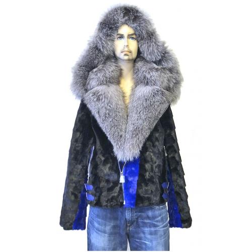 Winter Fur Royal Blue Genuine Diamond Mink Motorcycle Jacket With Fox Collar And Hood M49S02RB.